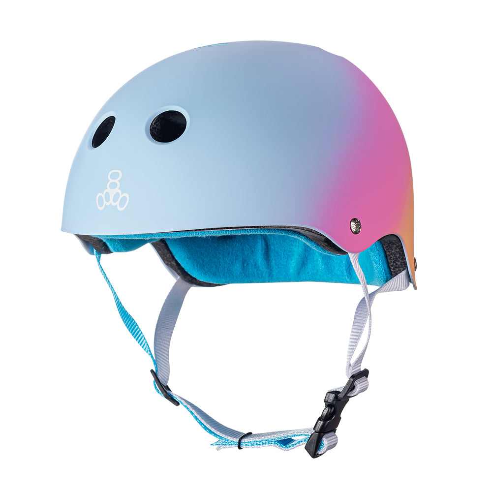 multi color blue pink and orange triple eight sweat saver helmet