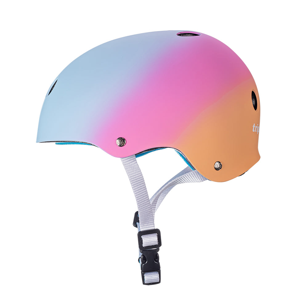 multi color blue pink and orange triple eight sweat saver helmet from the side
