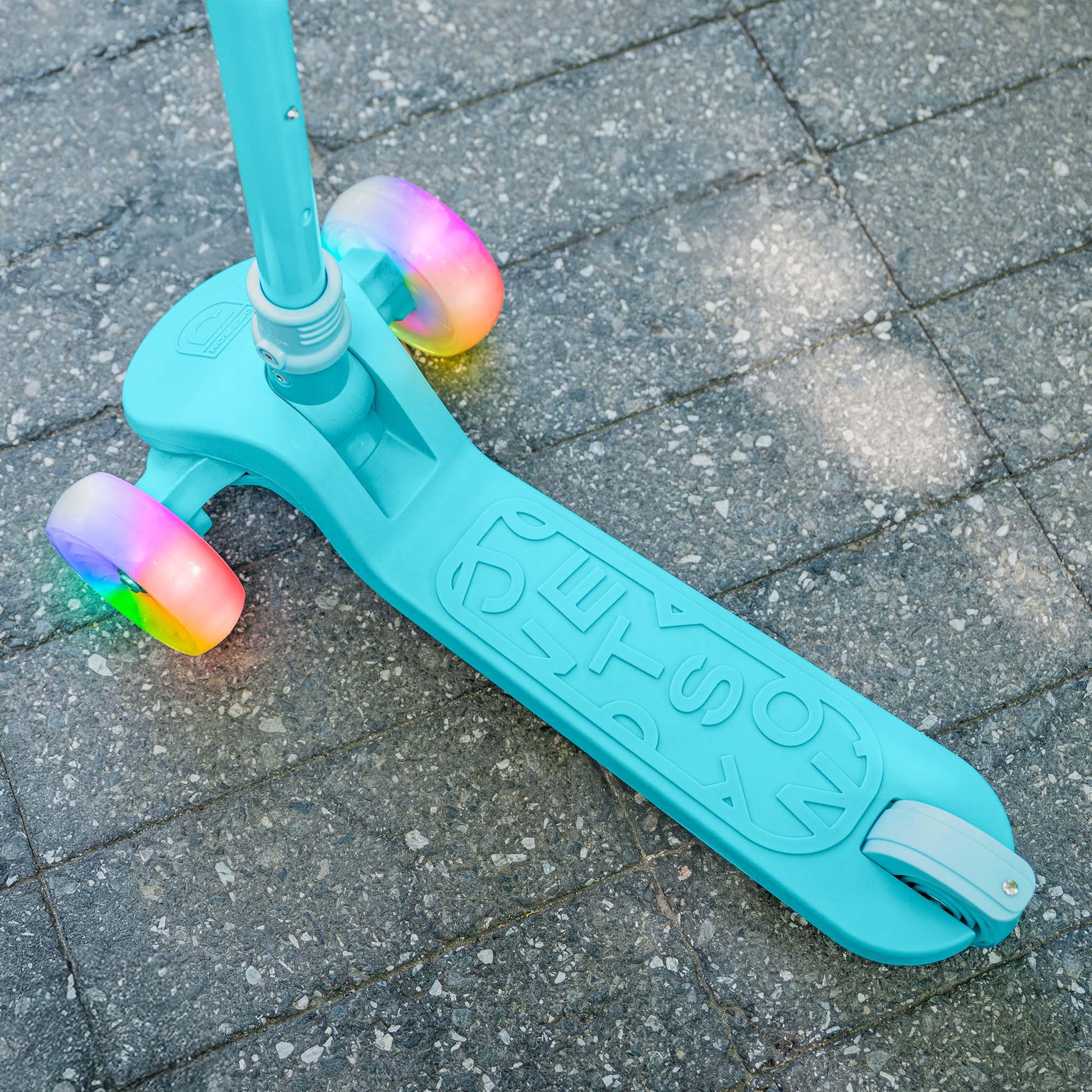 light up wheels on blue bloom kick scooter
