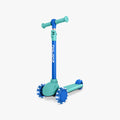 blue gem kick scooter facing diagonally forward with wheels lit up