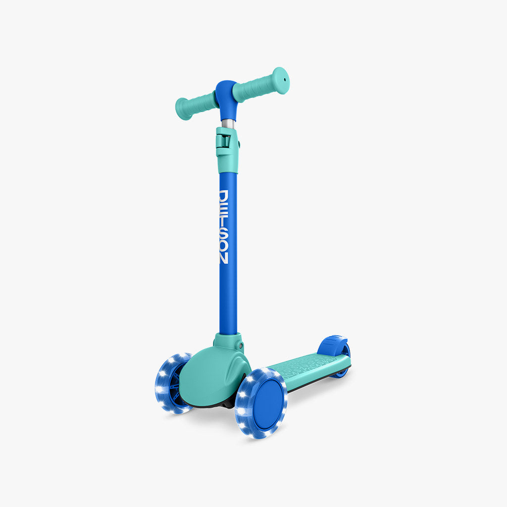 blue gem kick scooter facing diagonally forward with wheels lit up