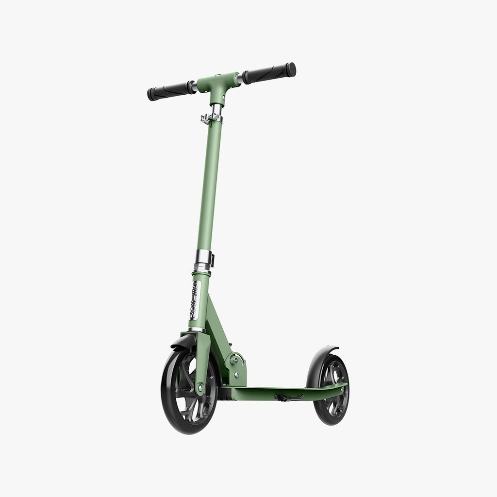 sage green hex kick scooter facing forward on a diagonal