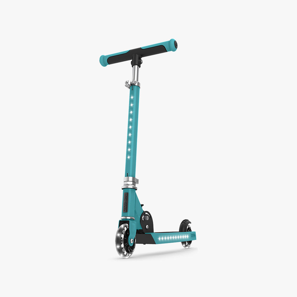 teal colored jupiter kick scooter facing diagonally forward