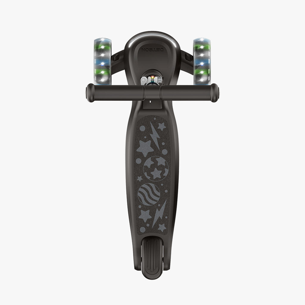 overhead view of scooter deck on black leap kick scooter