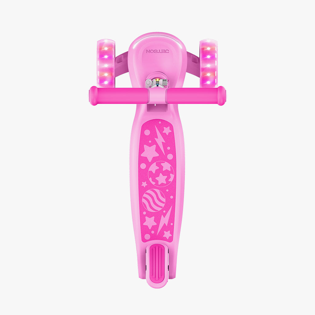 overhead view of pink leap kick scooter deck