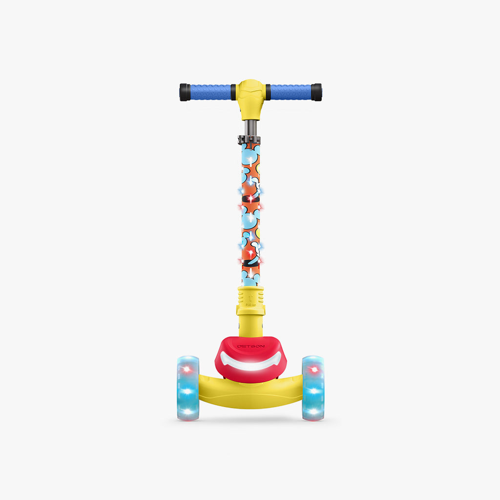 straight on view of the mickey mouse kick scooter with headlight