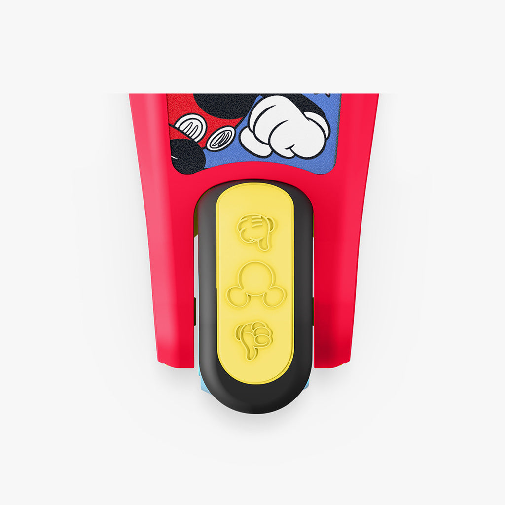 close up of rear foot brake on mickey mouse kick scooter