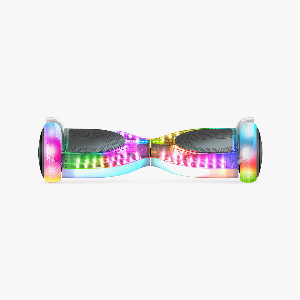 front view of white pixel hoverboard with rainbow lights