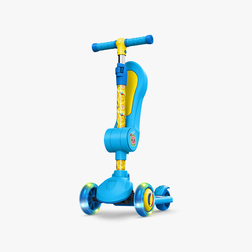 cocomelon 2 in 1 kick scooter with the seat folded up