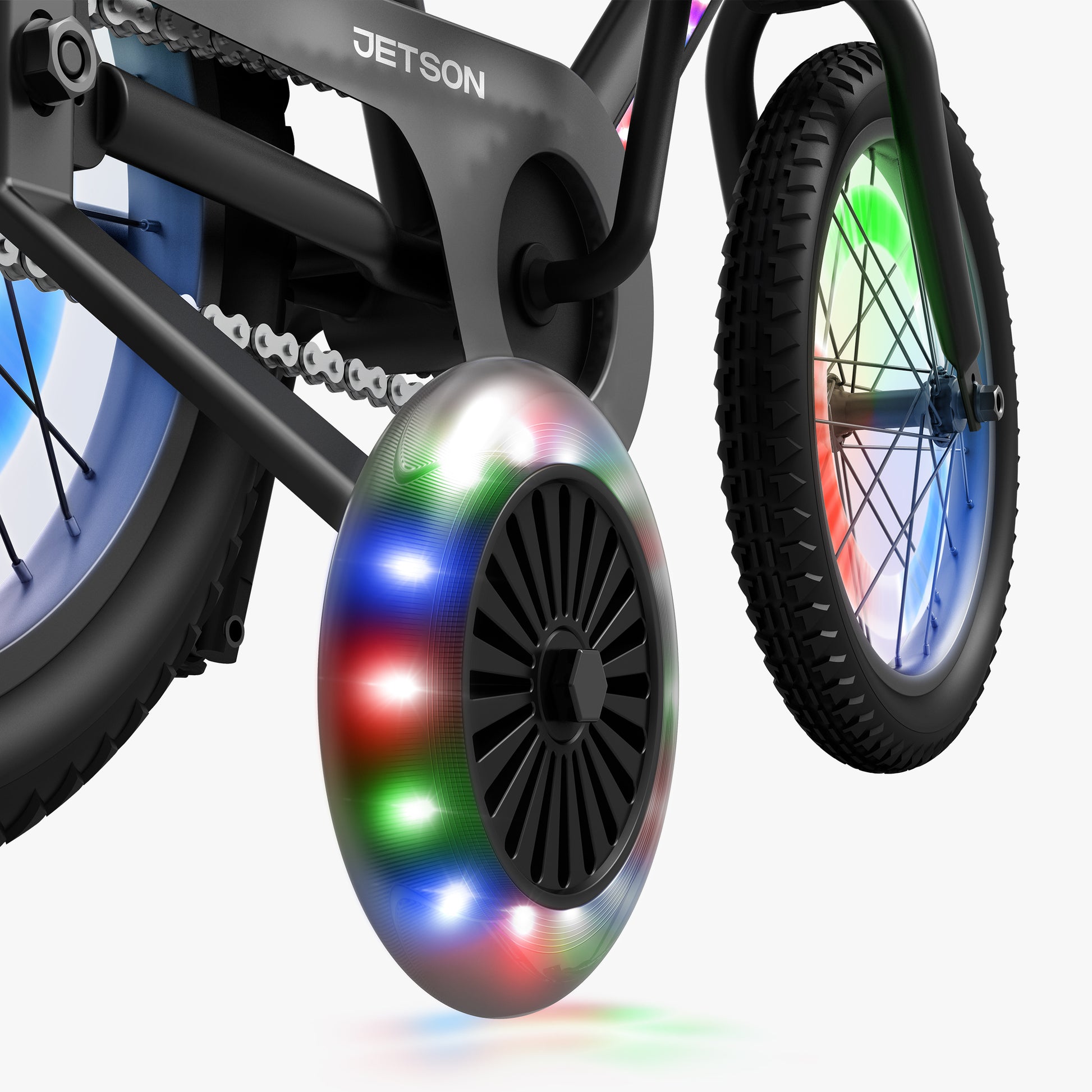 close up of light up spark training wheels
