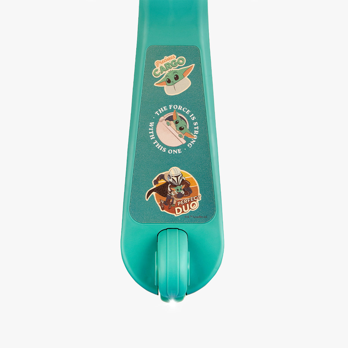 close up of the deck on the grogu customizable scooter