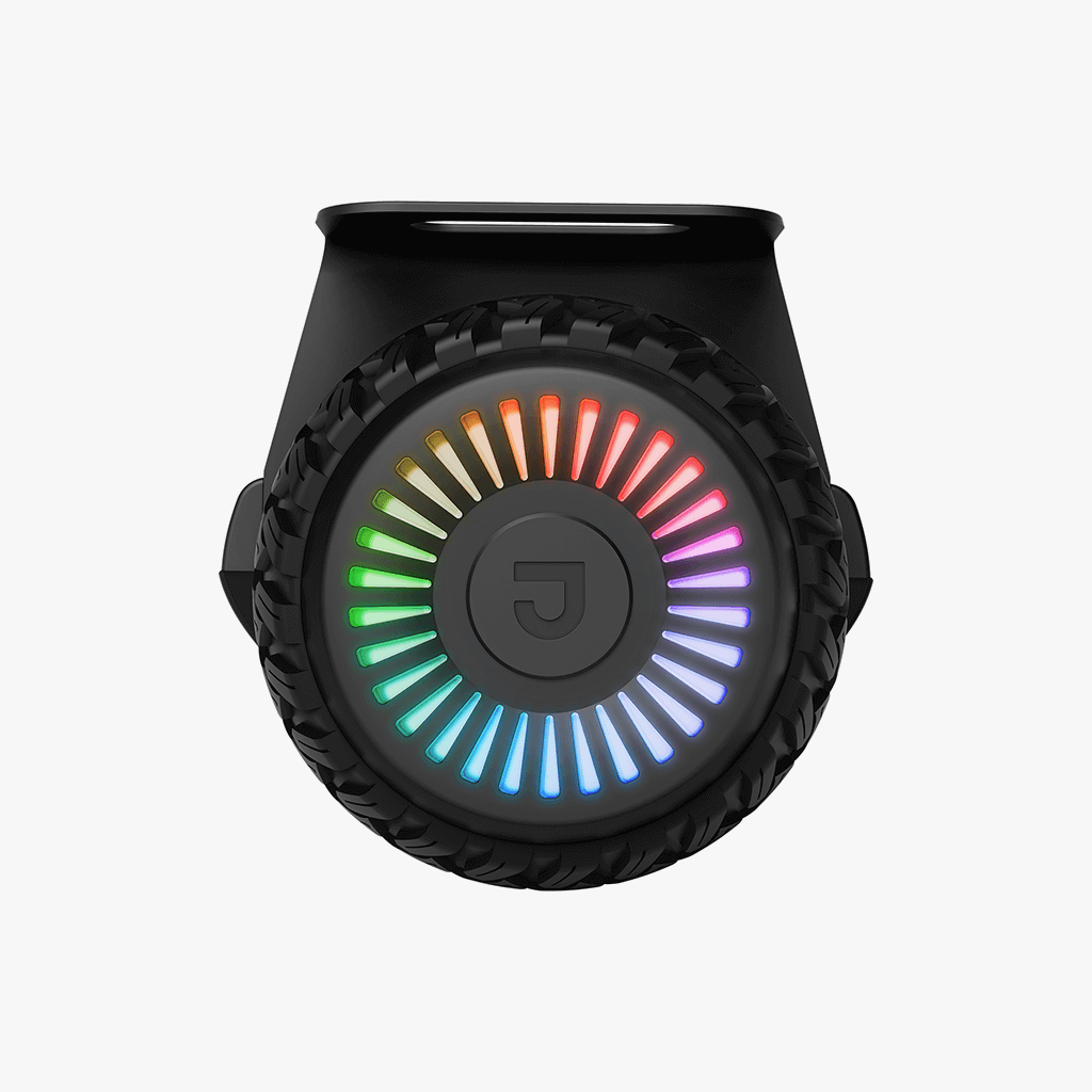 close up of the light up wheels on the hoverboard