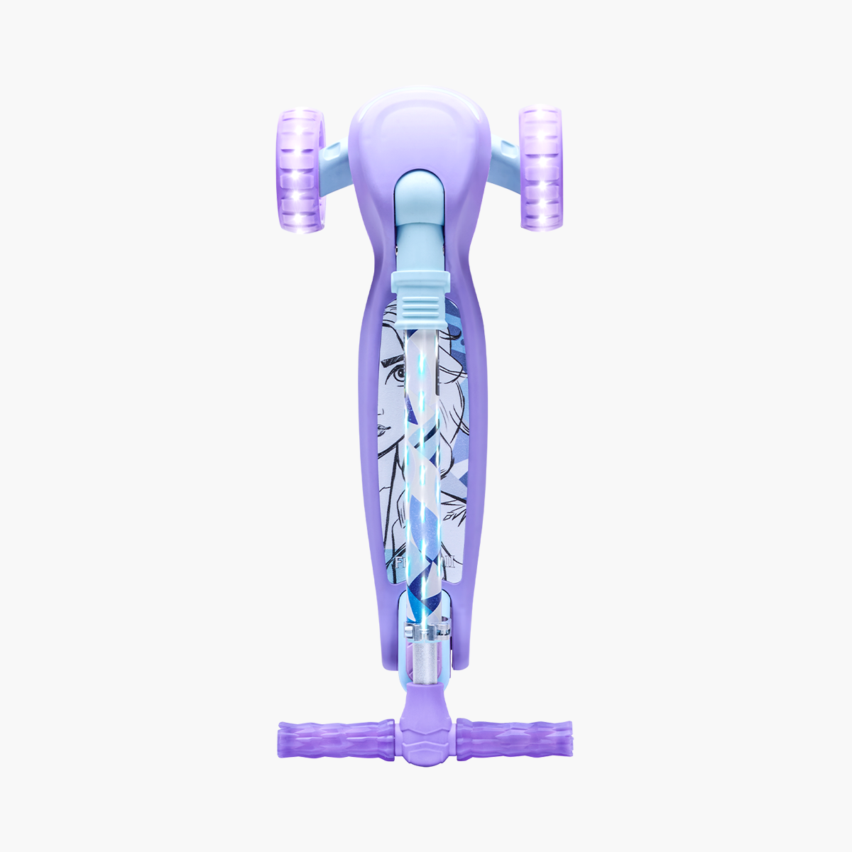 top view of the Frozen 3 wheel kick scooter and folded