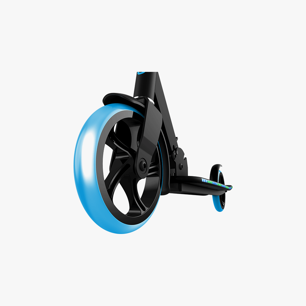 close up of wheel on blue helix scooter