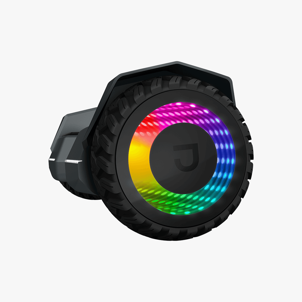 close up of the light up wheel on gray impact hoverboard