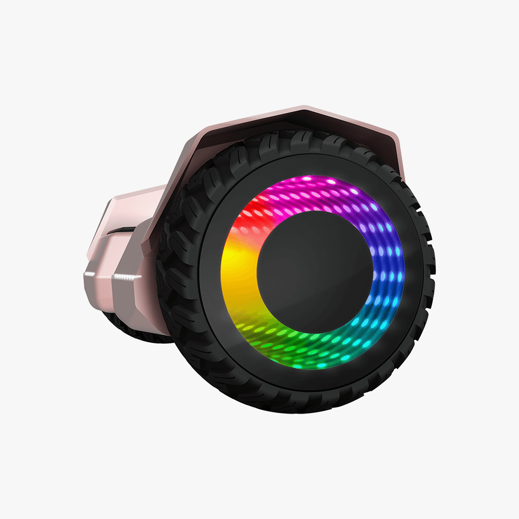 close up of the light up wheel on rosegold impact hoverboard