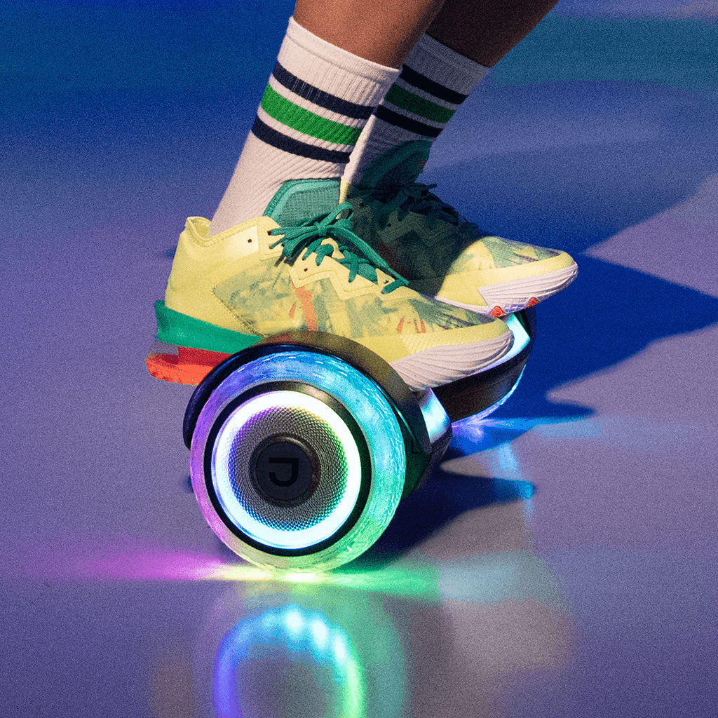 close up riding the Input hoverboard