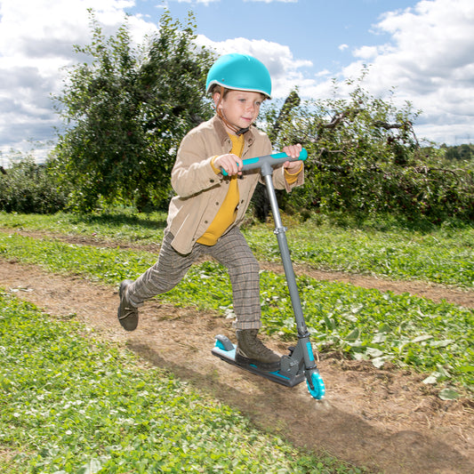 kid riding blue leo kick scooter
