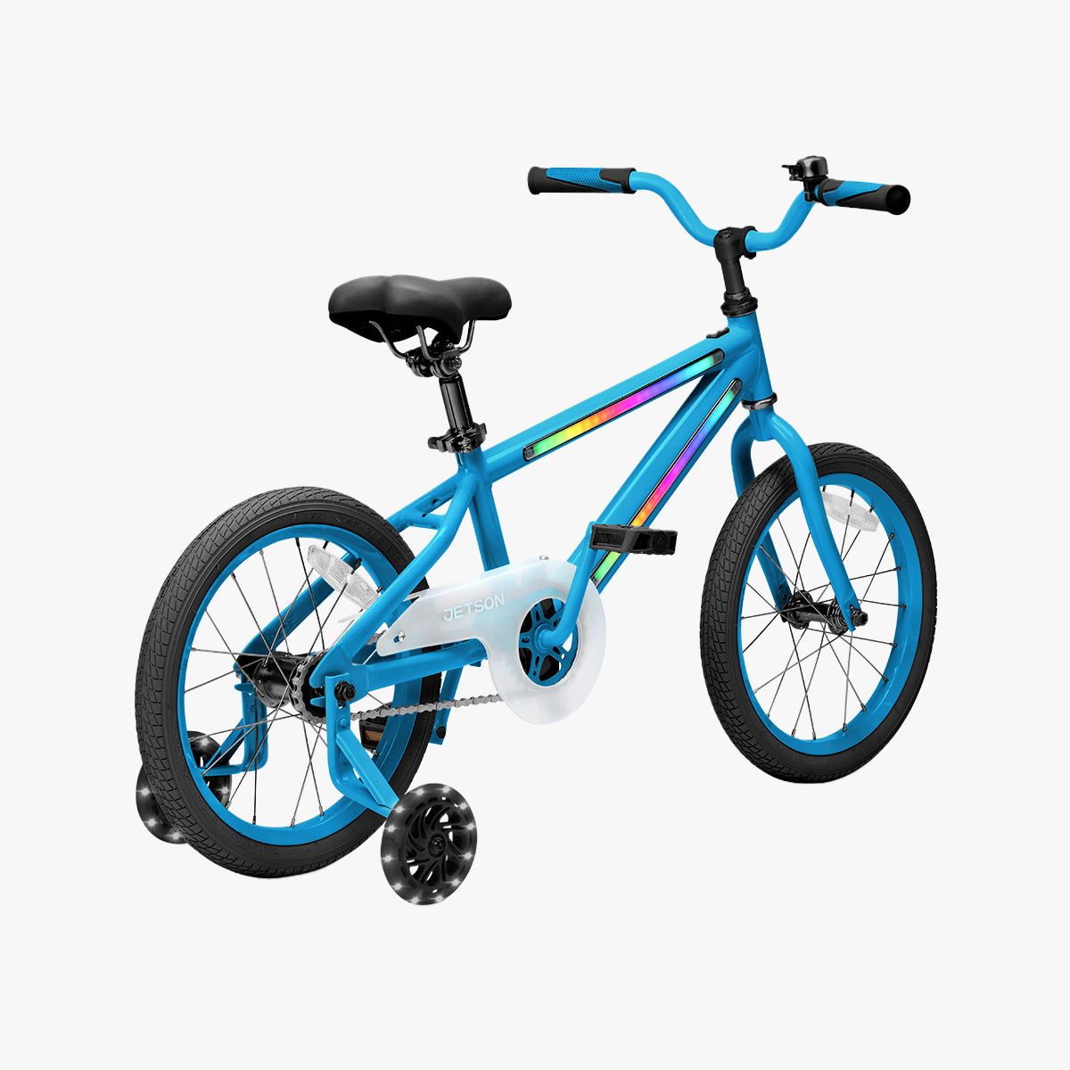 rear angled view of blue and black light rider 16 bike
