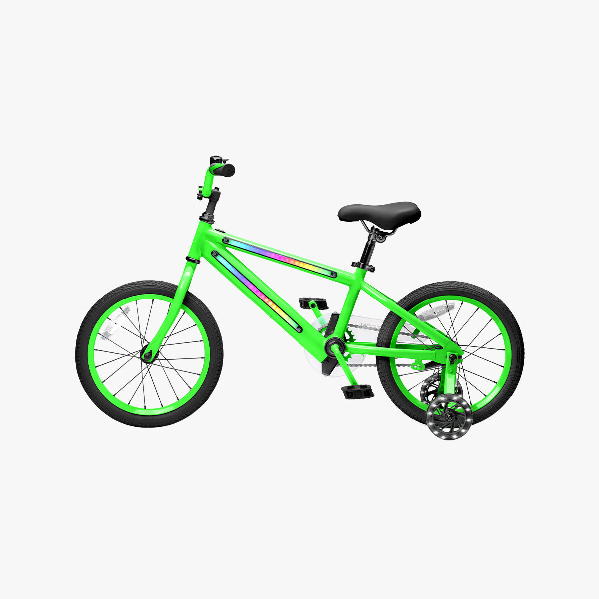 side profile of green and black light rider 16 bike