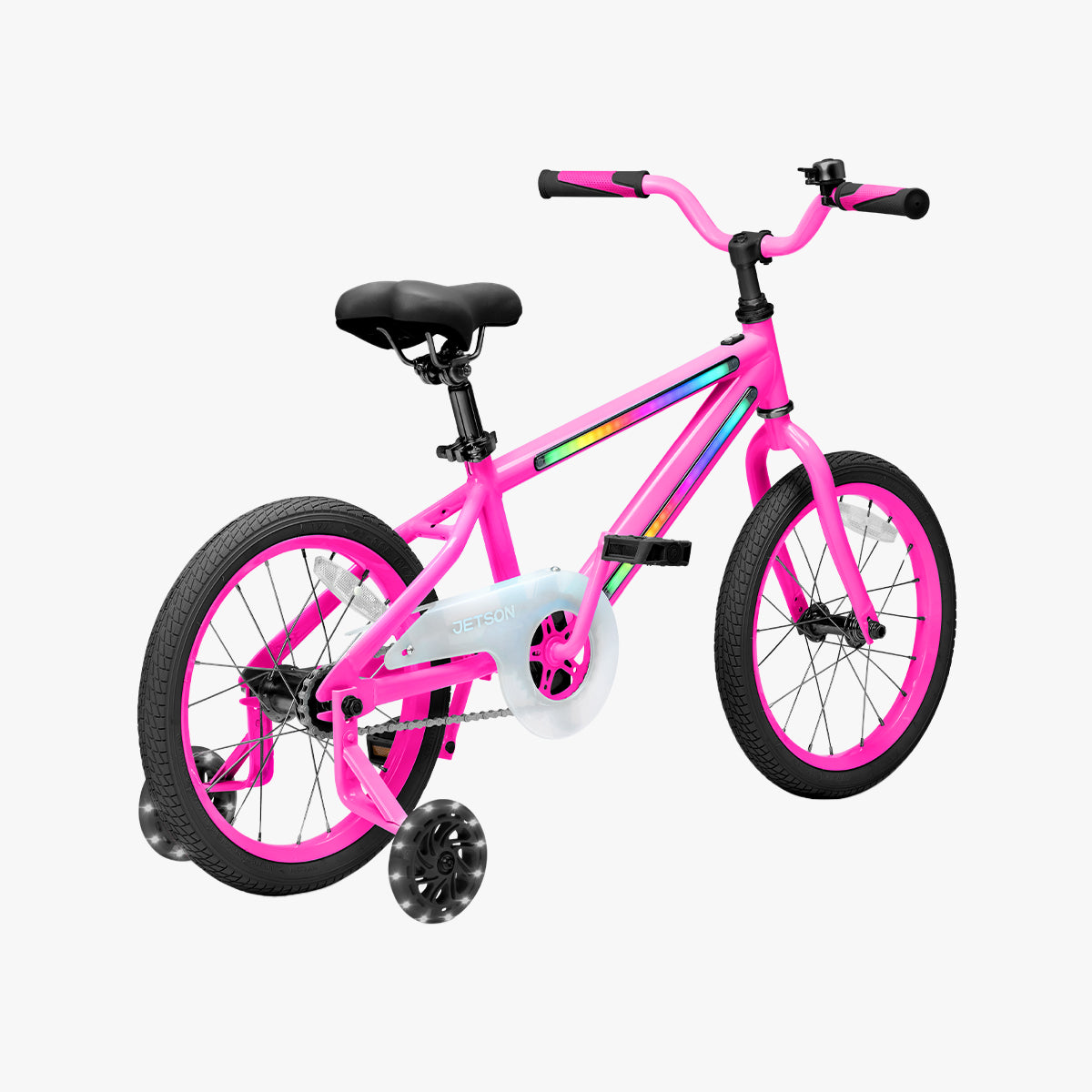 rear angled view. of pink and black light rider 16 bike