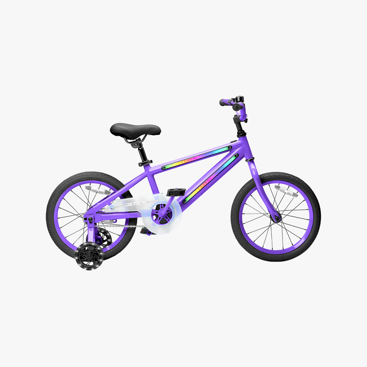 side profile of purple and black light rider 16 bike
