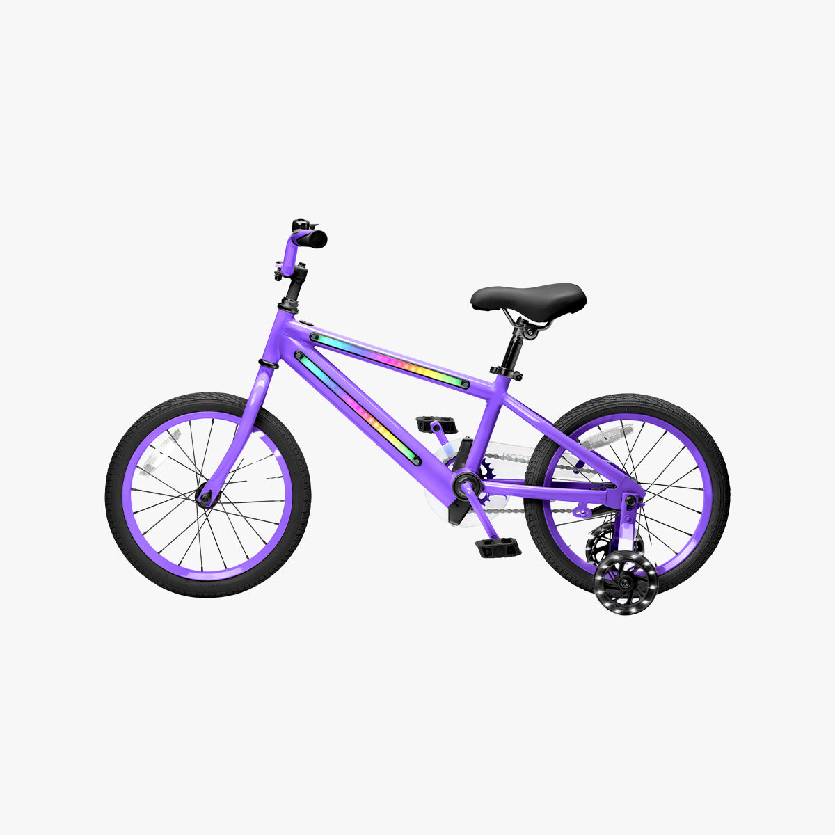 side profile of purple and black light rider 16 bike
