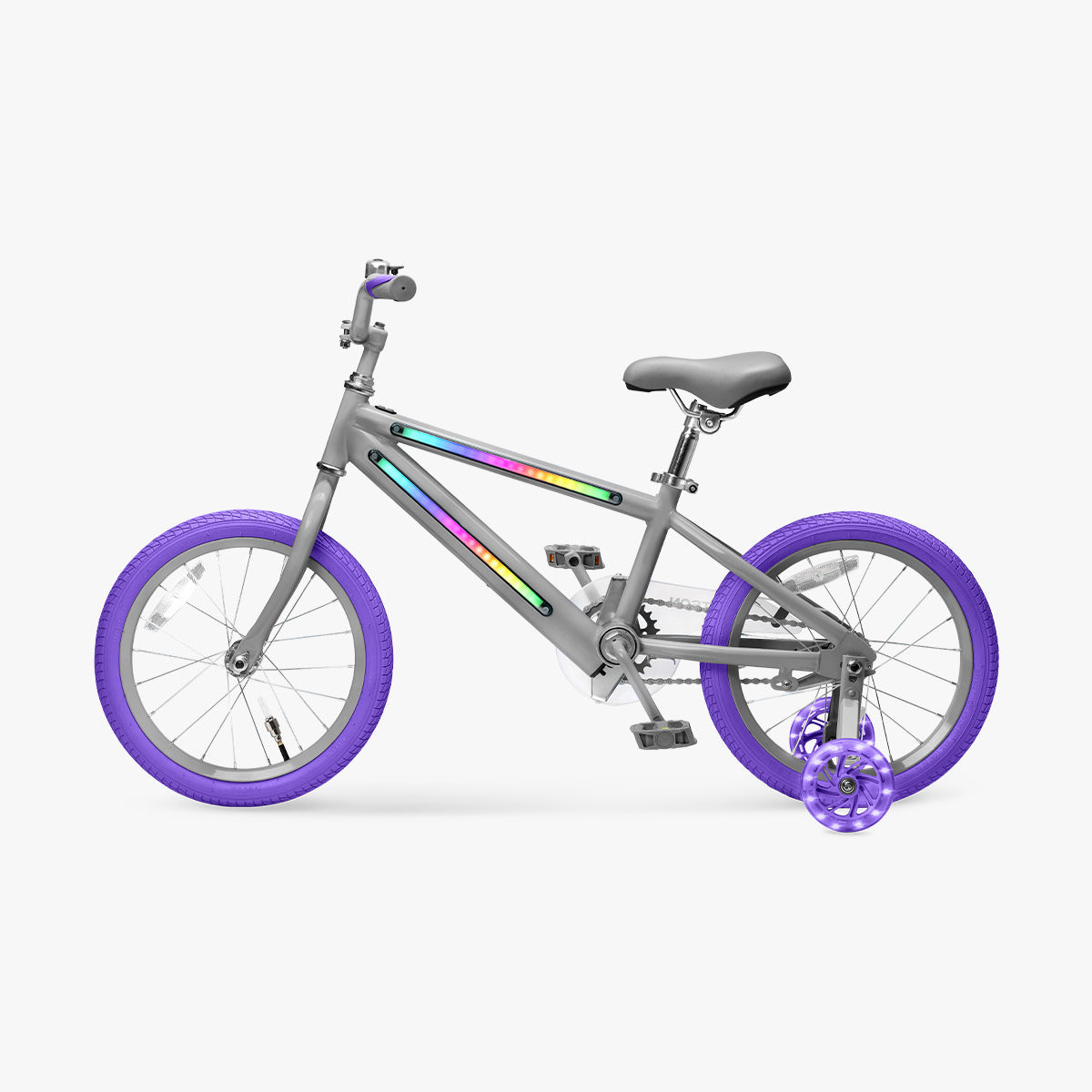 side profile of the grey and purple jlr 16 bike