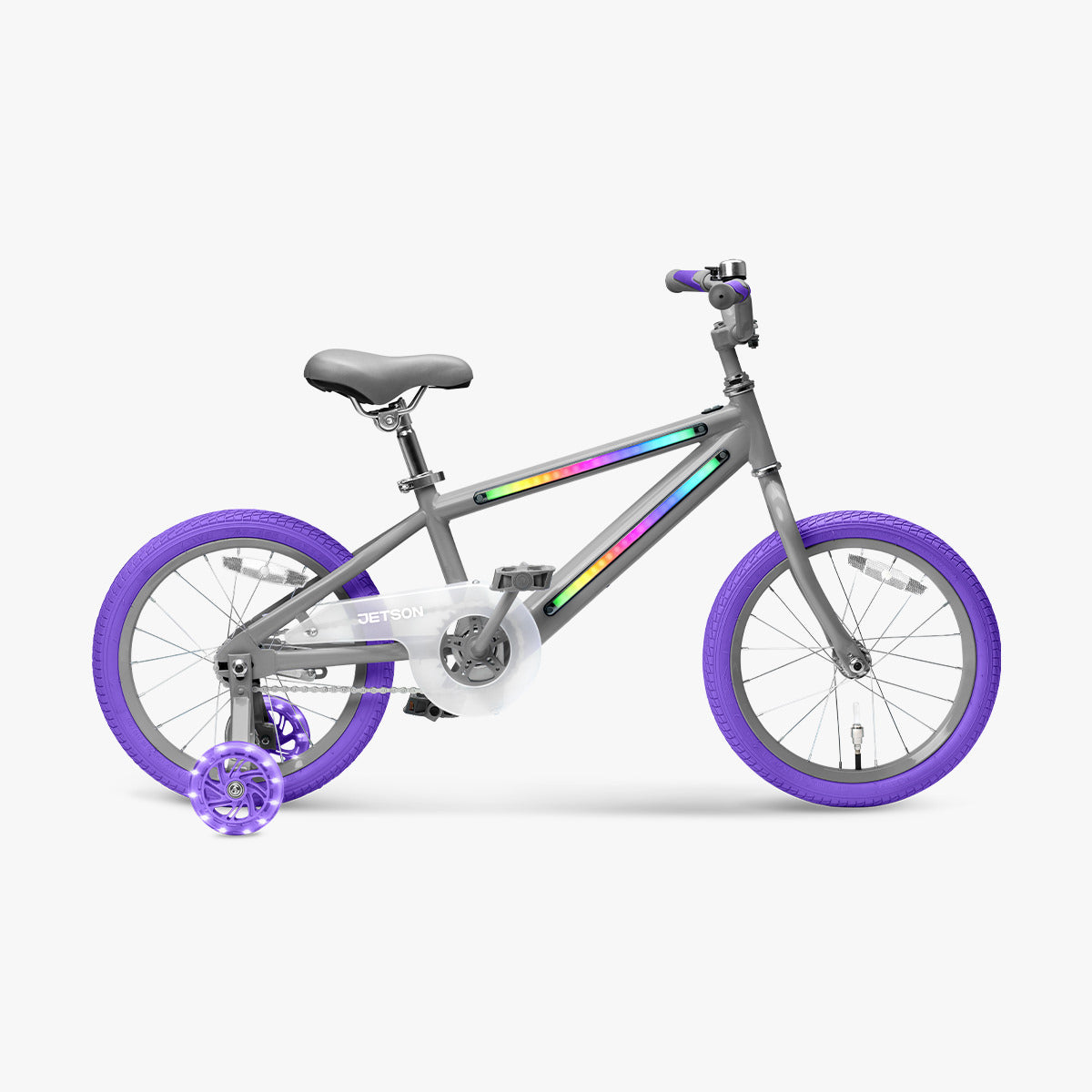 side profile of grey and purple light rider bike