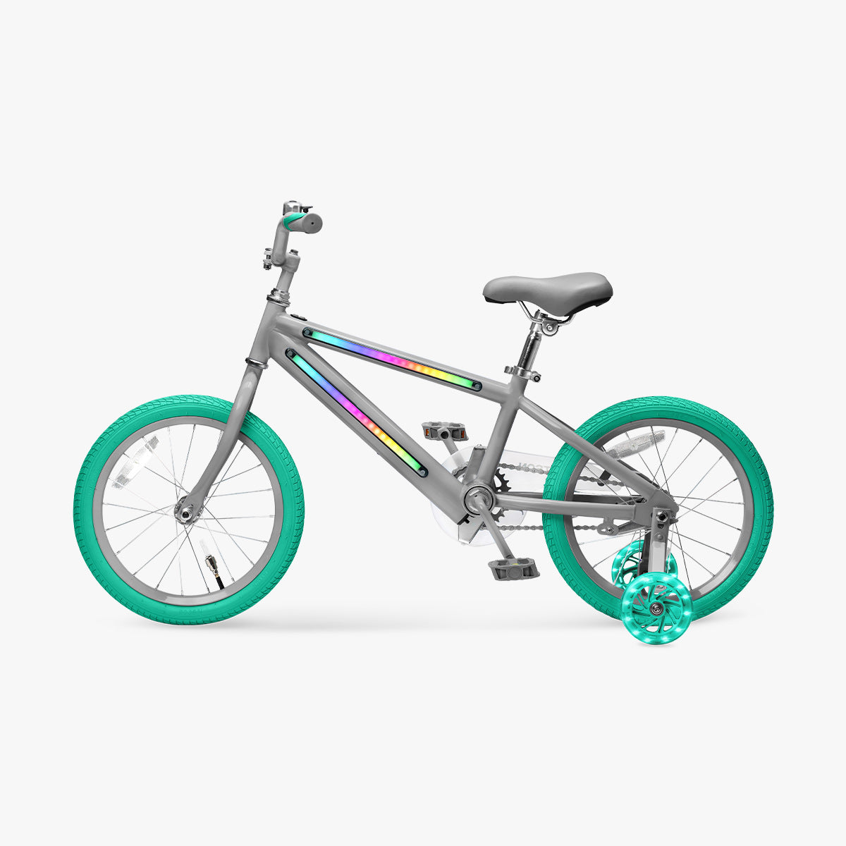side profile to the left of gray and green light rider bike