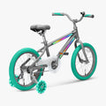 rear angled view of gray and green light rider bike