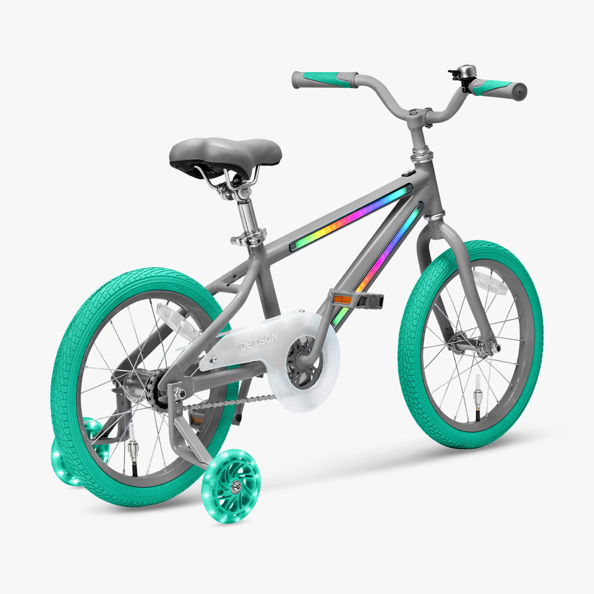rear angled view of gray and green light rider bike