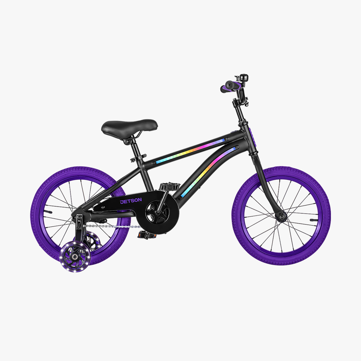 side profile of black and purple light 16 bike