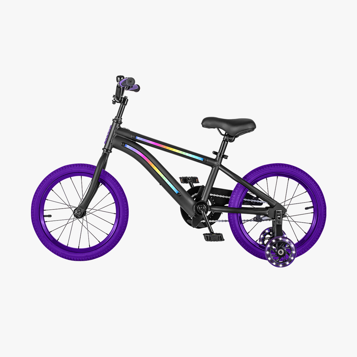 side profile of black and purple light 16 bike