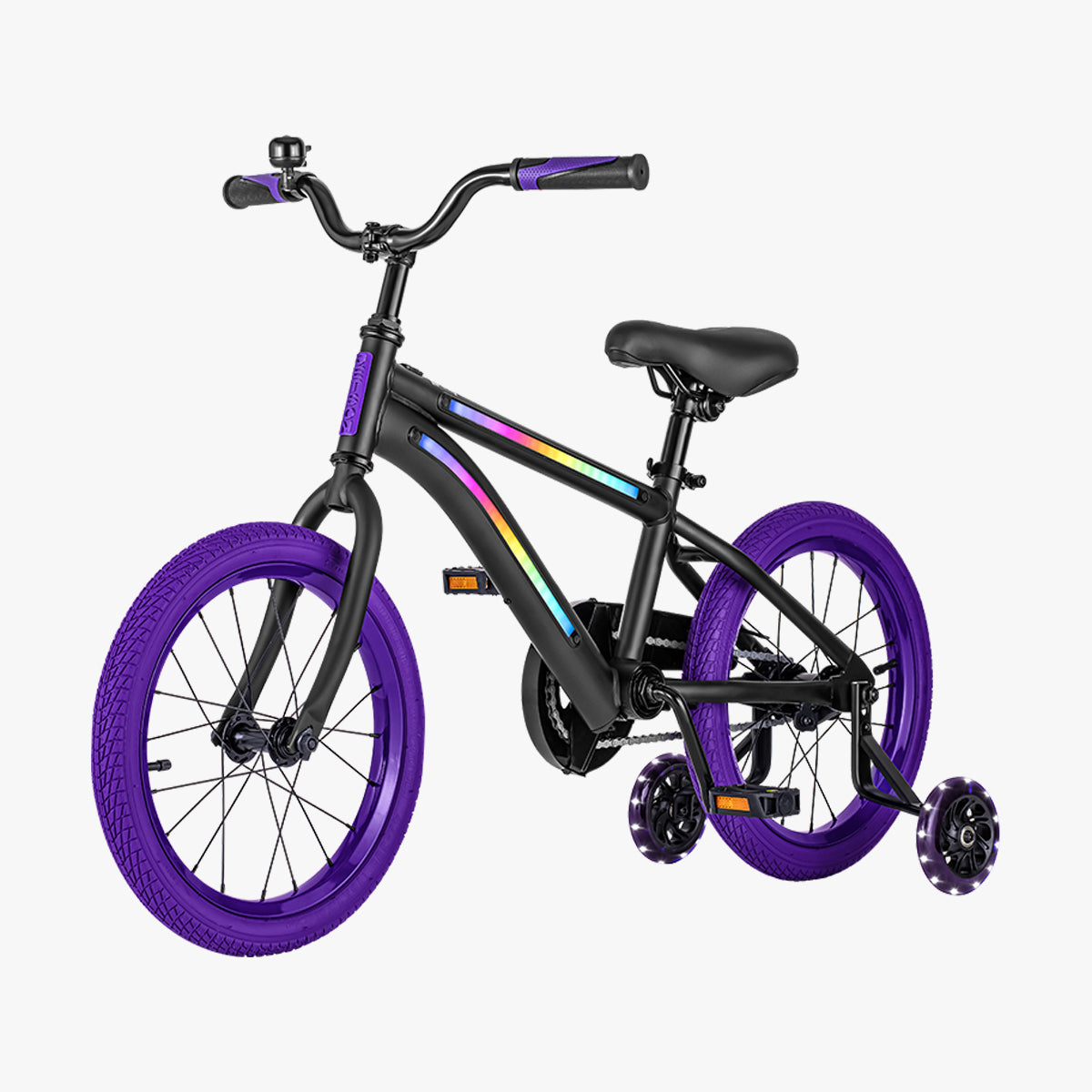 angled view of black and purple light 16 bike