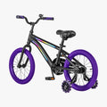 rear angled view of black and purple light 16 bike