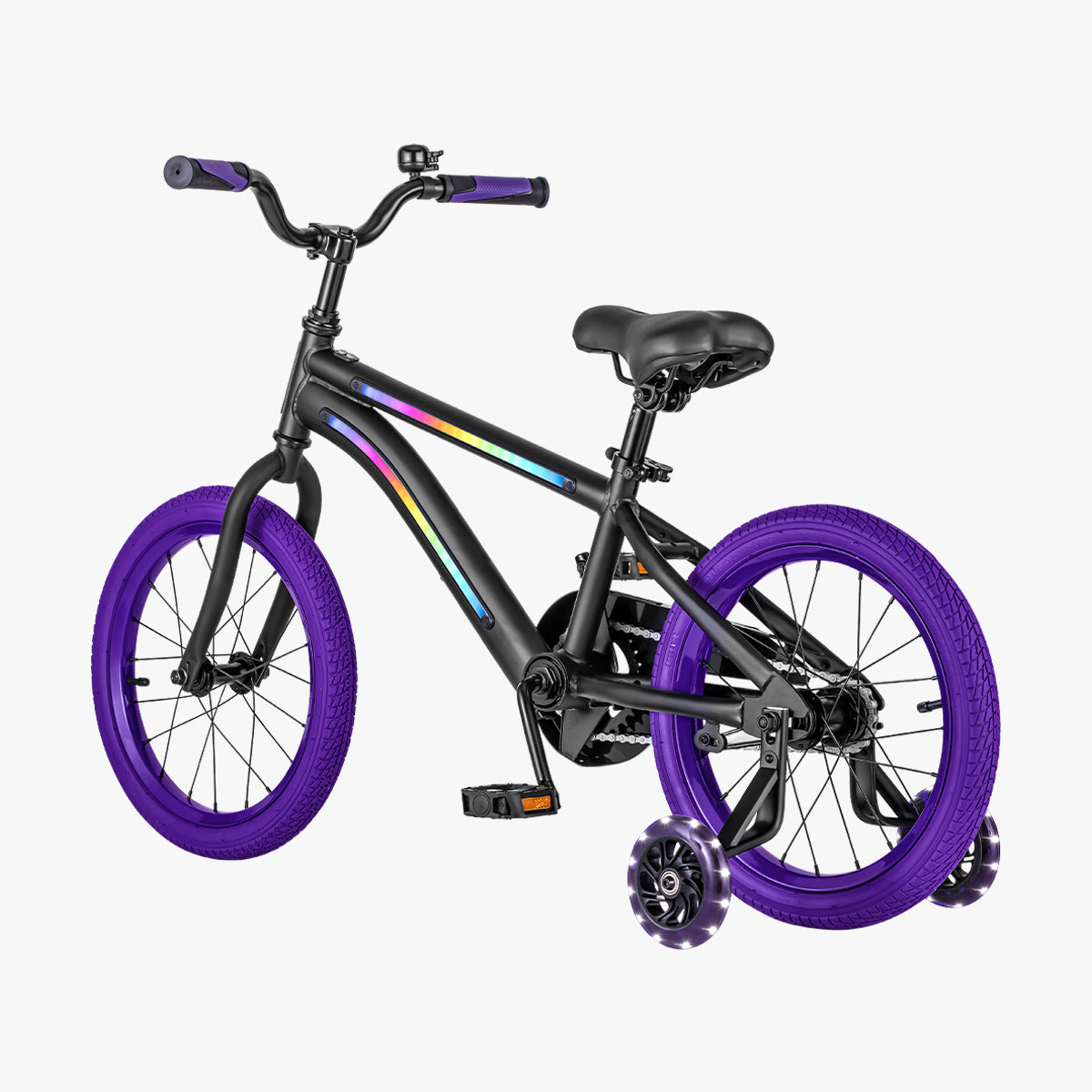 rear angled view of black and purple light 16 bike
