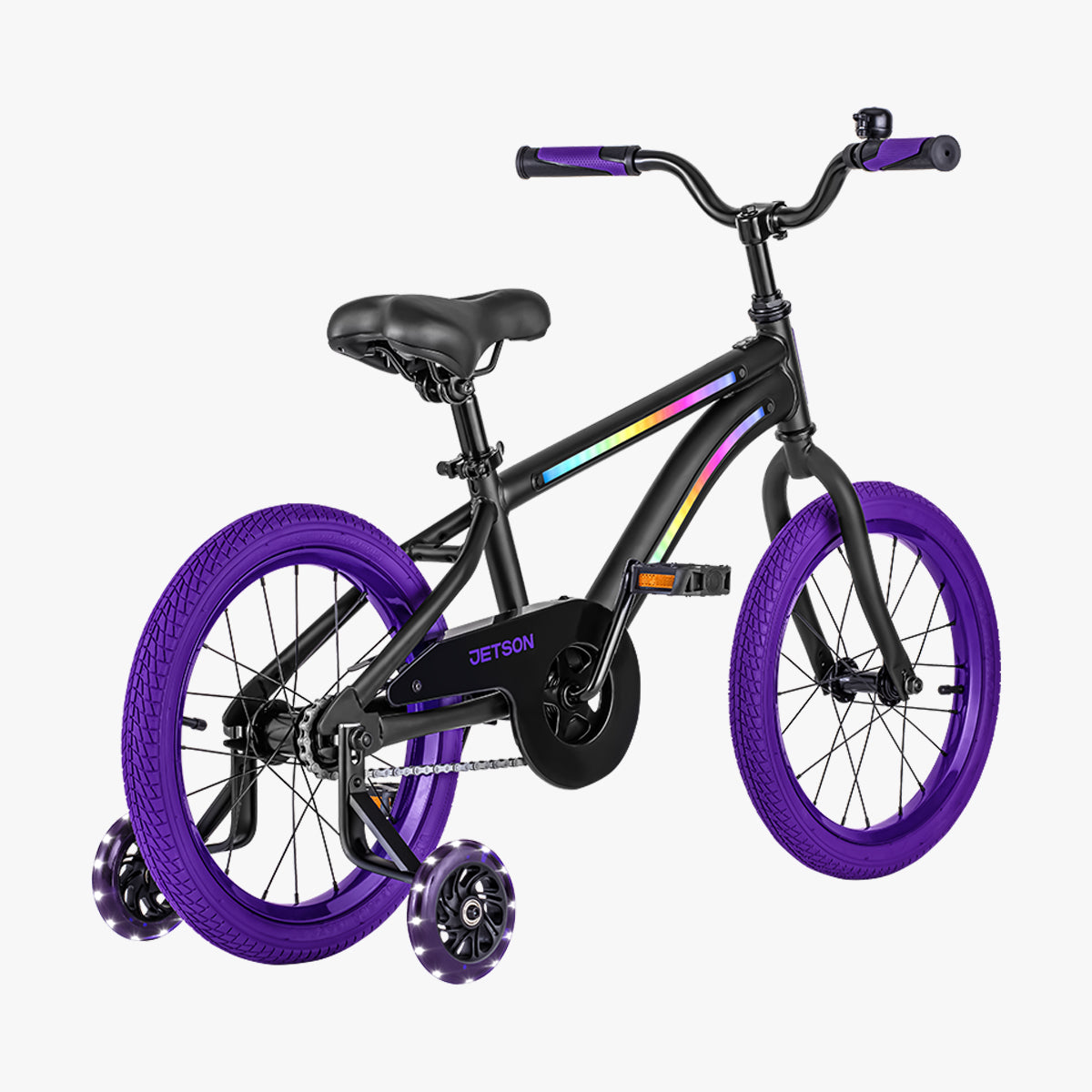 rear angled view of black and purple light 16 bike