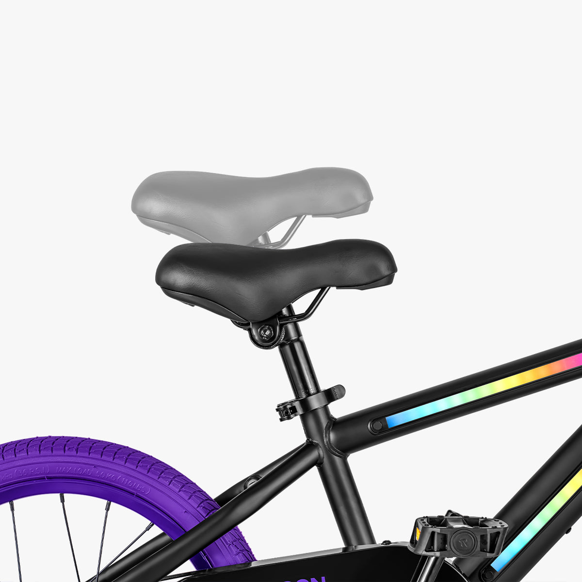adjustable seat height on black and purple light 16 bike