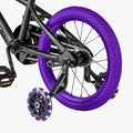 close up of rear wheel and training wheels on black and purple light 16 bike