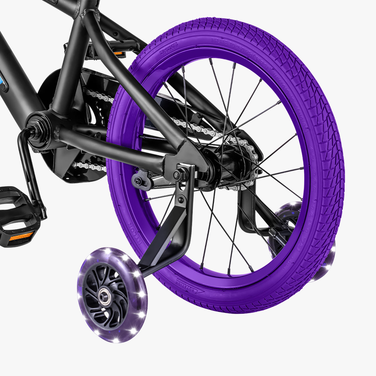 close up of rear wheel and training wheels on black and purple light 16 bike