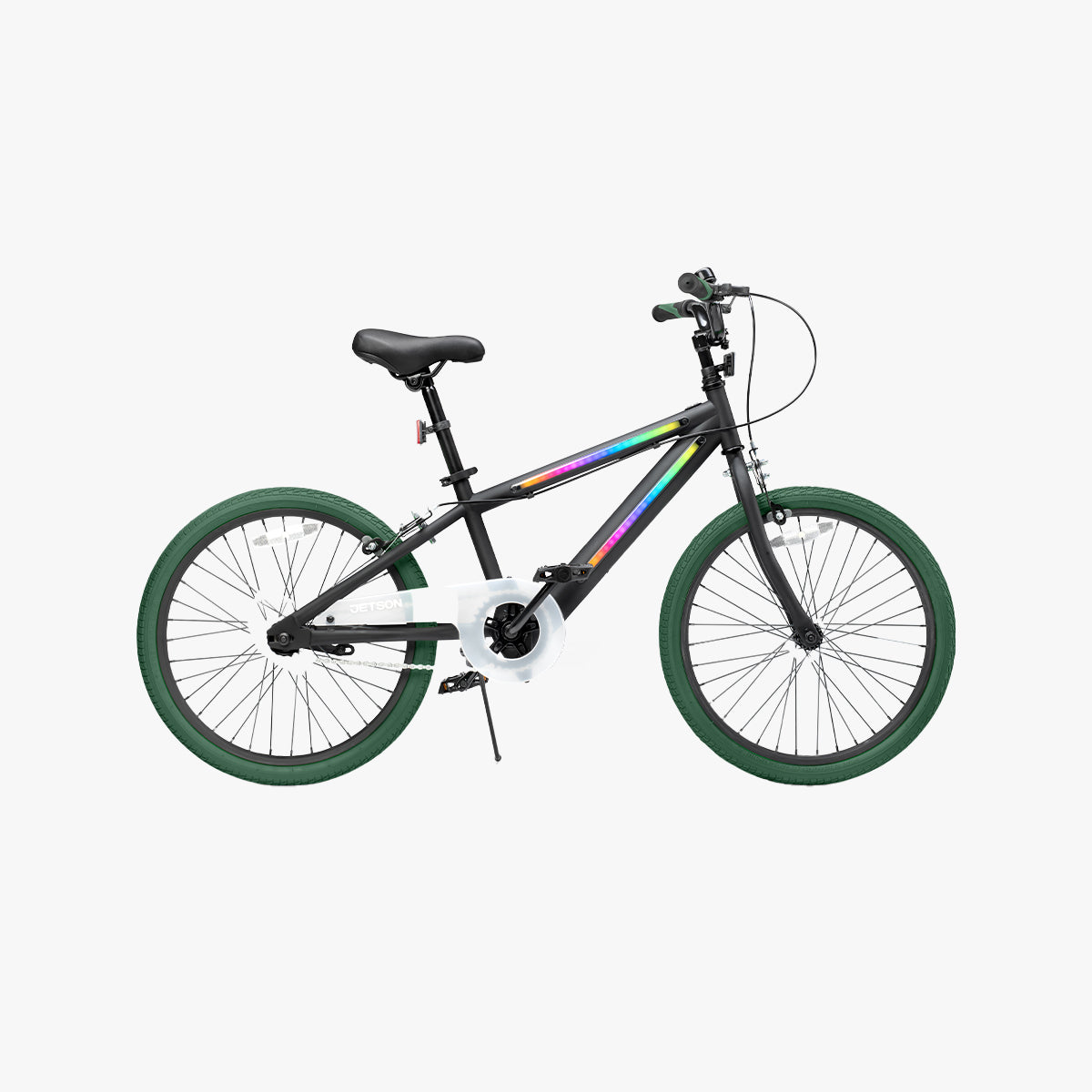 another view of the JLR X bike with a black frame and green tires faced to the right