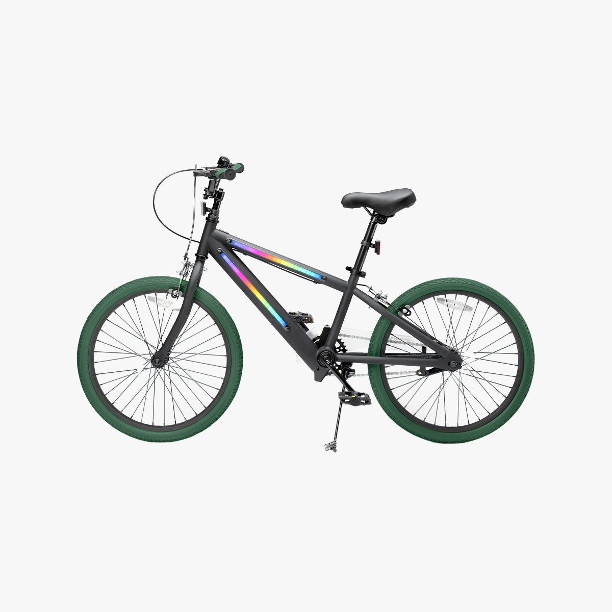 black frame with green tires facing to the left with the kickstand down 