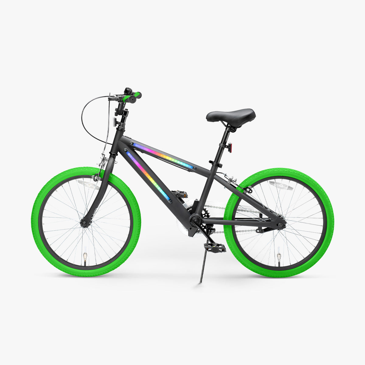 side view of the green JLR X bike facing to the left with the kickstand down