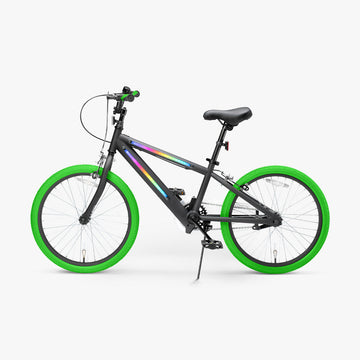 side view of the green JLR X bike facing to the left with the kickstand down