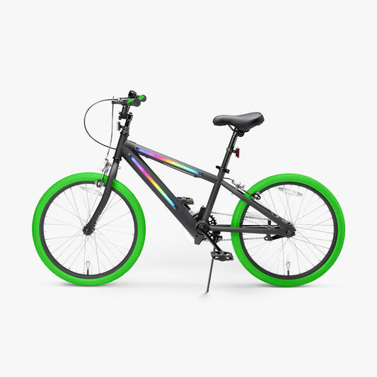 side view of the green JLR X bike facing to the left with the kickstand down