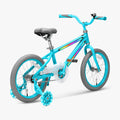 rear angled view of blue and gray light rider 16 bike