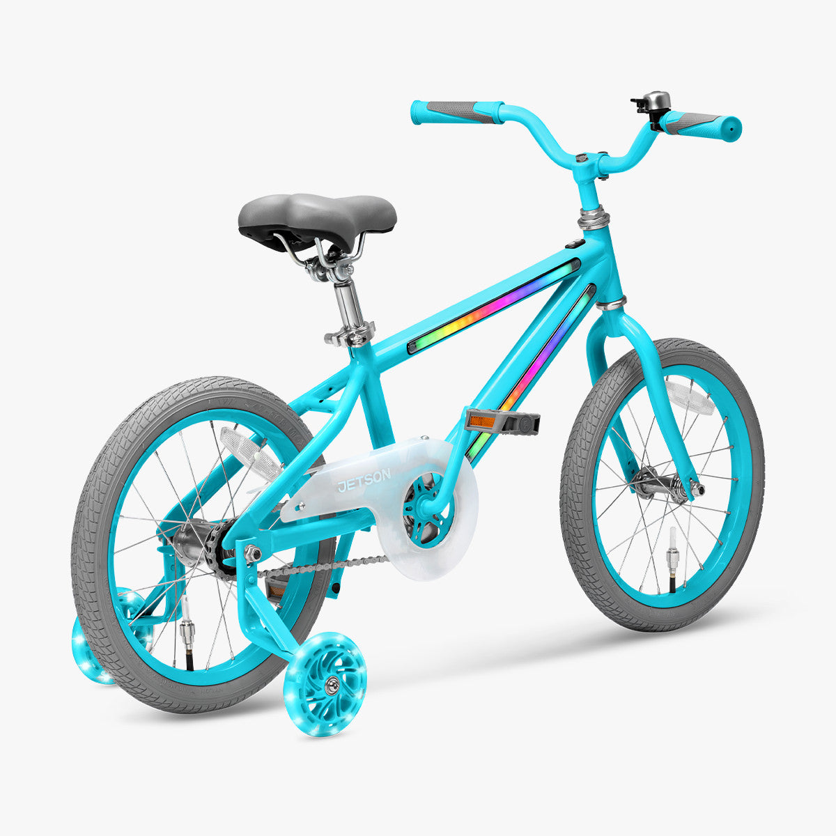 rear angled view of blue and gray light rider 16 bike