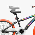 close up of adjustable bike seat of black frame JLR X with orange tires