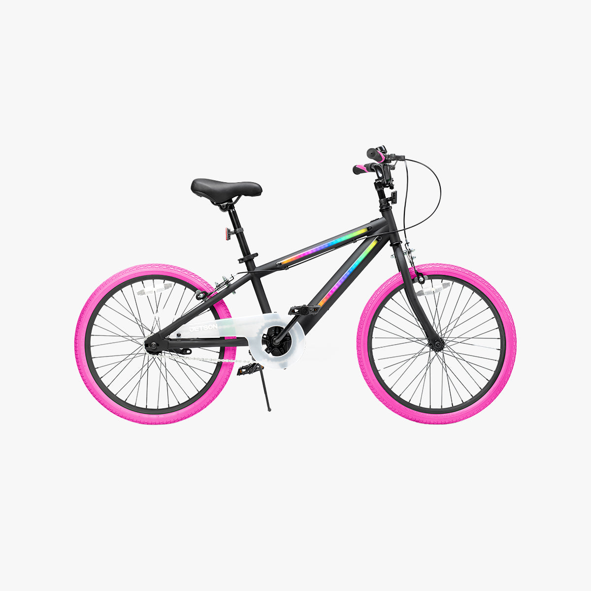 JLR X bike with black frame and pink tires faced to the right